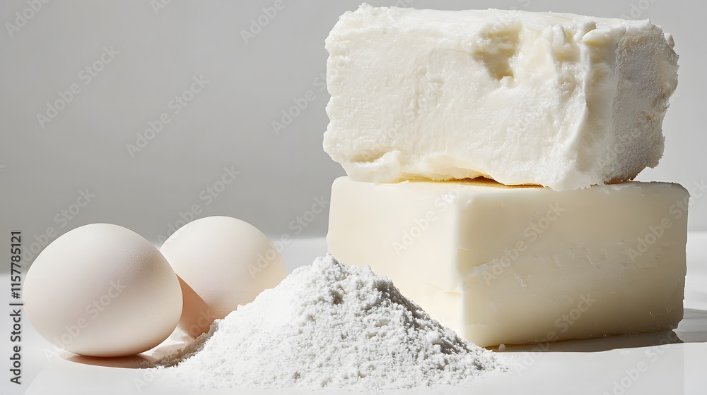 Close-up of baking ingredients: two eggs, a mound of flour, and blocks of shortening and butter, ready for mixing. Close-up of baking ingredients: two eggs, a mound of flour, and blocks of shortening and butter, ready for mixing.