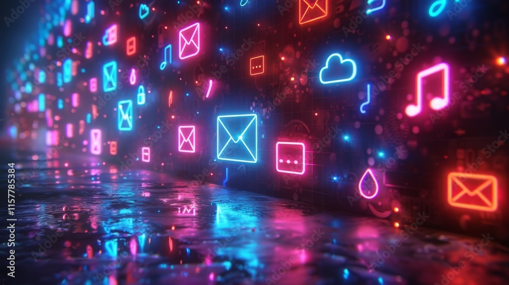 Obraz premium Craft a neon display of communication symbols, featuring illuminated emails