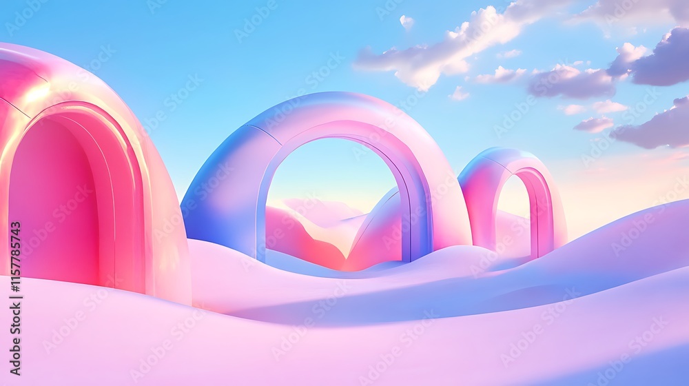 Dreamy Pastel Arches: Vibrant 3D Render in a Surreal Landscape. AI Generated Dreamy Pastel Arches: Vibrant 3D Render in a Surreal Landscape. AI Generated