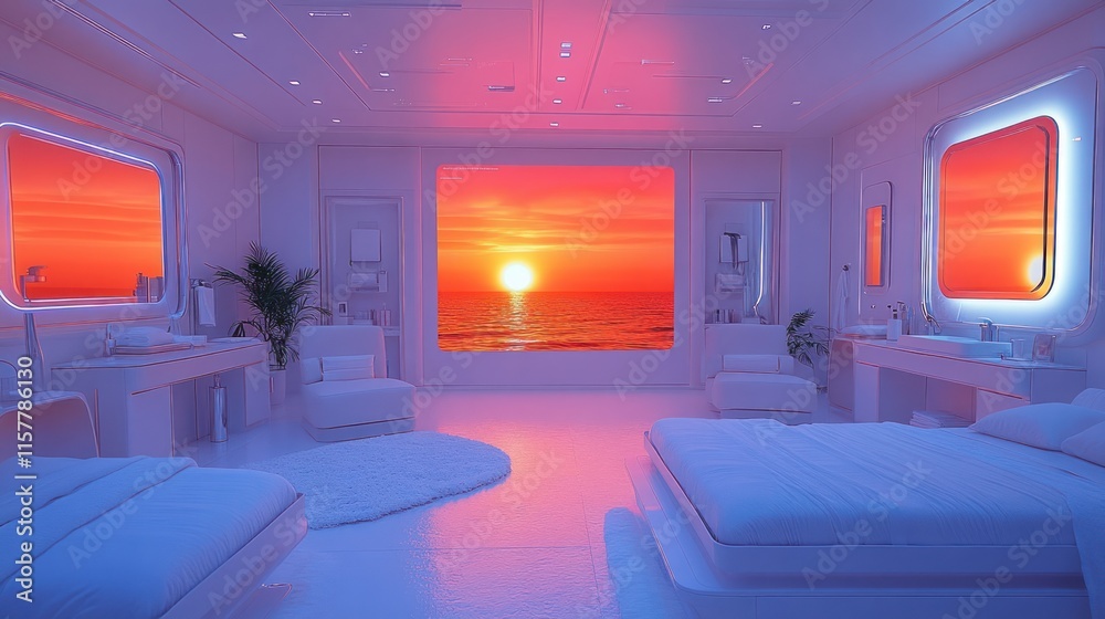 A futuristic bedroom with a sunset view, featuring sleek furniture and a serene atmosphere. A futuristic bedroom with a sunset view, featuring sleek furniture and a serene atmosphere.