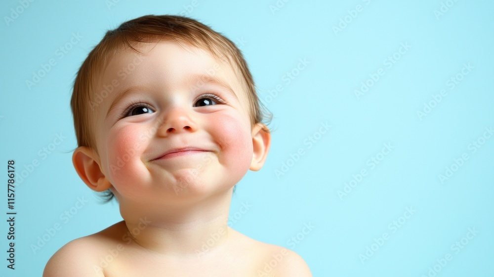 A smiling baby with a joyful expression against a light blue background. A smiling baby with a joyful expression against a light blue background.