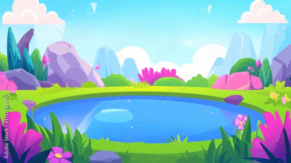 Obraz premium Serene Cartoon Landscape with Blue Pond and Colorful Floral Elements