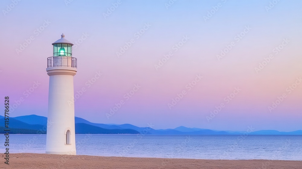 Serene Lighthouse by the Calm Ocean at Sunrise with Colorful Sky Serene Lighthouse by the Calm Ocean at Sunrise with Colorful Sky