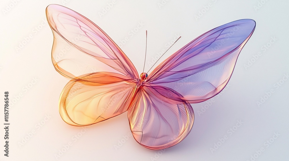 Glass butterfly with translucent wings, orange and purple hues. Glass butterfly with translucent wings, orange and purple hues.