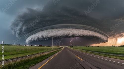 Empty highway under storm clouds photo