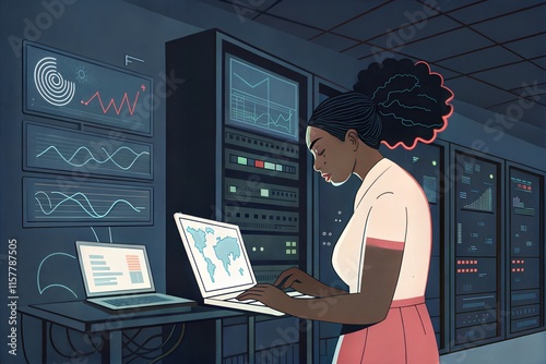 Laptop, network and data center with a black woman it support engineer working in a dark server room. Computer, cybersecurity and analytics with a female programmer problem solving or troubleshooting photo