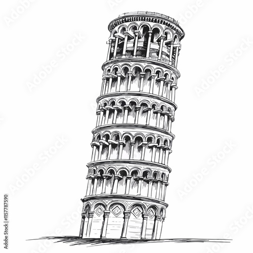 Detailed editorial vector illustration of Pisa tower monument in scribble style