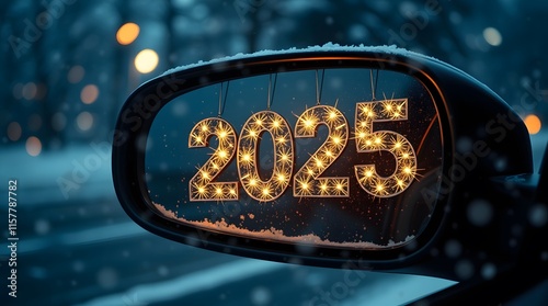 New Year’s Magic. 2025 Hanging from Rearview Mirror with Snowfall and Sparkling Lights