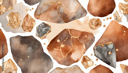 Abstract gemstone pattern, elegant mood, watercolor art, earthy tones with gold accents, copy space