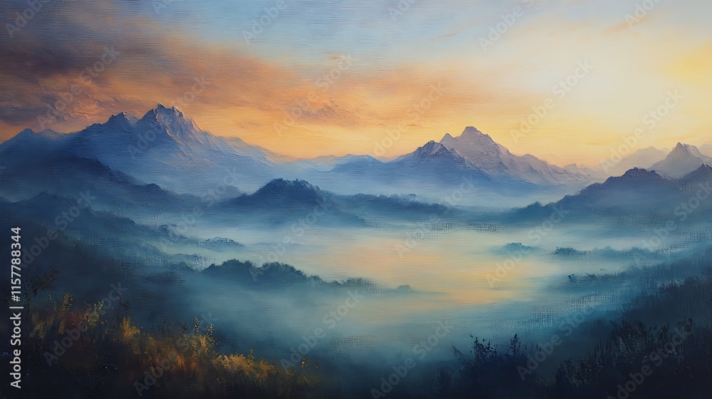 Serene Oil Painting: Majestic Mountains Mysteriously Bathed in Dawn's Golden Light. AI Generated Serene Oil Painting: Majestic Mountains Mysteriously Bathed in Dawn's Golden Light. AI Generated