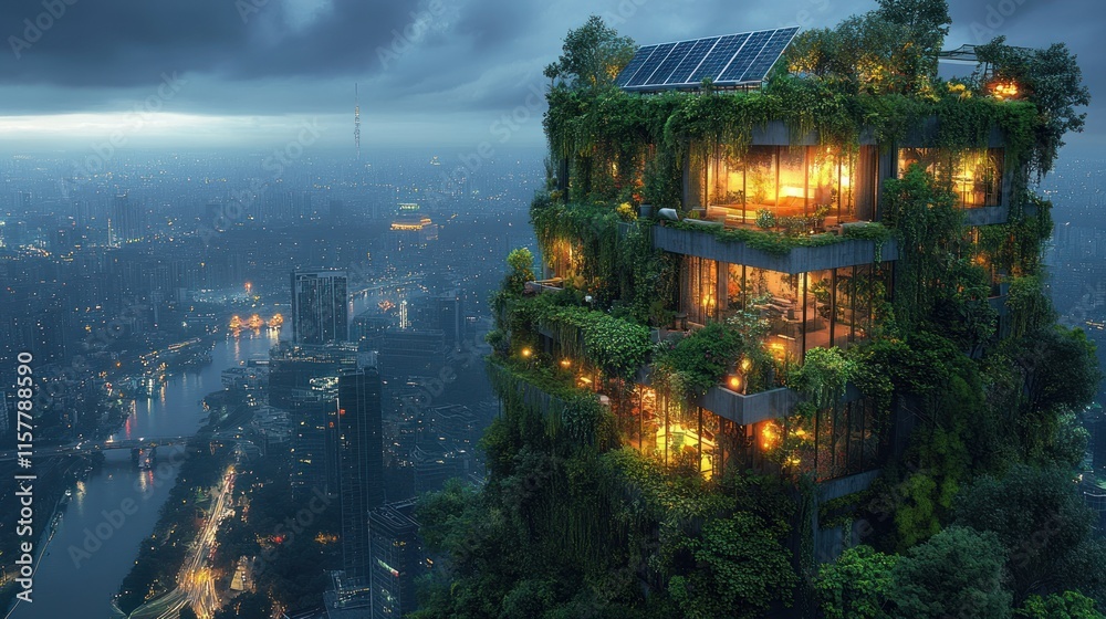 Fototapeta premium A futuristic building covered in greenery, illuminated at night with a city skyline in the background.