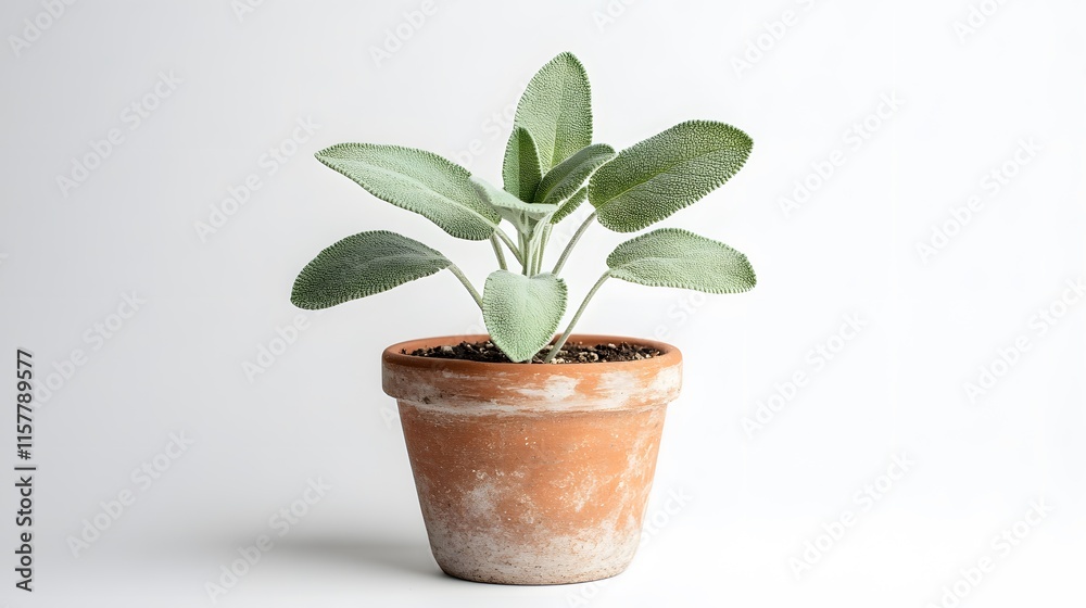 Fototapeta premium A potted silver sage plant with soft, silvery-green leaves sits against a clean white background.