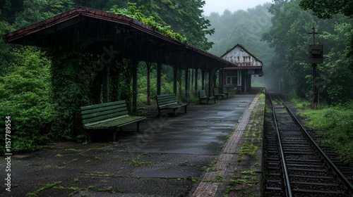 An abandoned train station with overgrown platforms photo