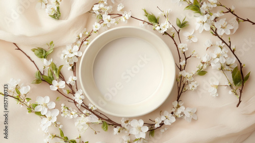 "Newborn Neutral Spring Background – Round White Bowl with Floral Wreath and Branches on a Light Beige Backdrop."

