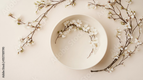 "Newborn Neutral Spring Background – Round White Bowl with Floral Wreath and Branches on a Light Beige Backdrop."

