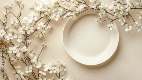 "Newborn Neutral Spring Background – Round White Bowl with Floral Wreath and Branches on a Light Beige Backdrop."

