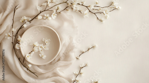 "Newborn Neutral Spring Background – Round White Bowl with Floral Wreath and Branches on a Light Beige Backdrop."

