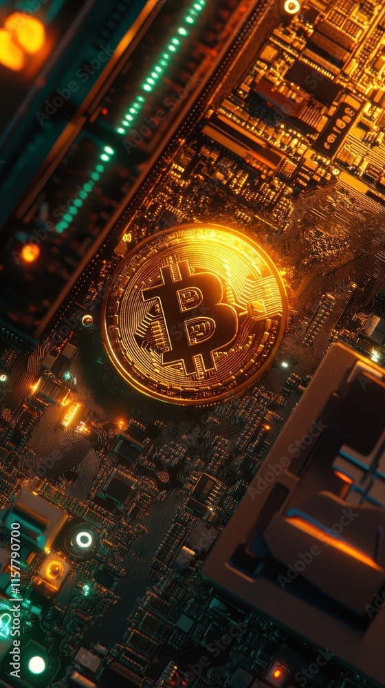 Obraz premium Golden bitcoin on a circuit board, symbolizing the fusion of cryptocurrency and technology. The shining coin stands out among intricate electronic components.