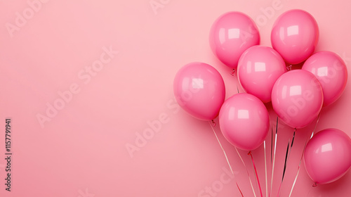 Pink balloons on pink background. Space for text. Festive, celebratory image.