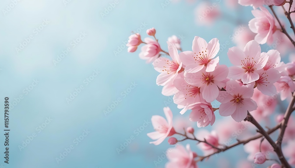Beautiful Soft Pink Cherry Blossom Flowers Blooming Against Gentle Blue Background - Spring Nature Beauty for Wedding and Home Decor Beautiful Soft Pink Cherry Blossom Flowers Blooming Against Gentle Blue Background - Spring Nature Beauty for Wedding and Home Decor