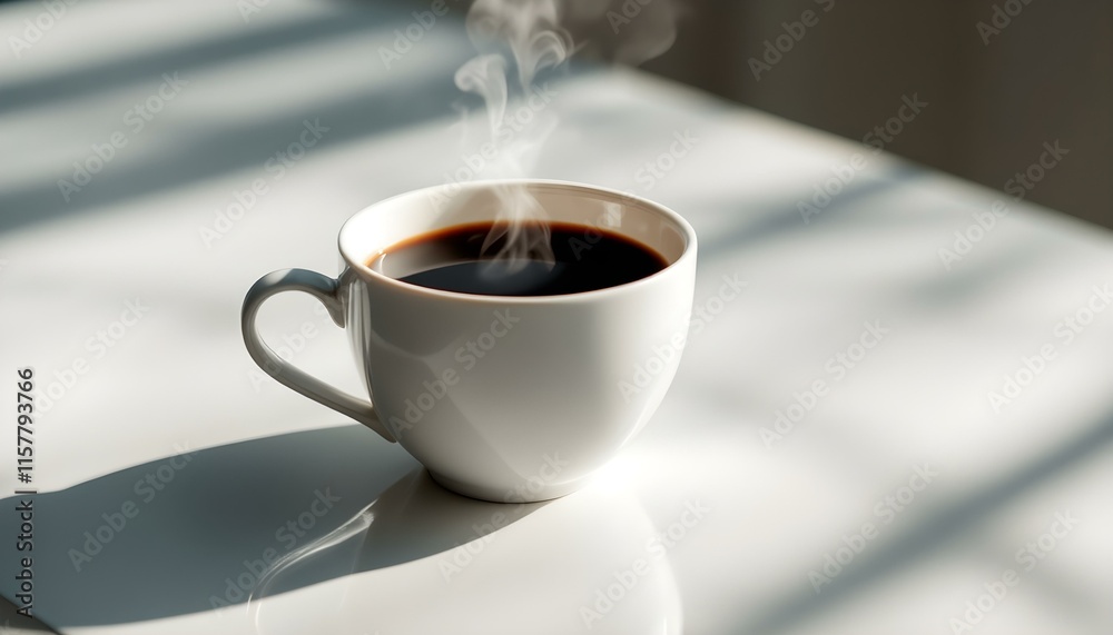 Steaming black coffee in a white cup, placed on a pristine white countertop, exuding warmth and inviting aroma for a cozy, comforting moment. Steaming black coffee in a white cup, placed on a pristine white countertop, exuding warmth and inviting aroma for a cozy, comforting moment.