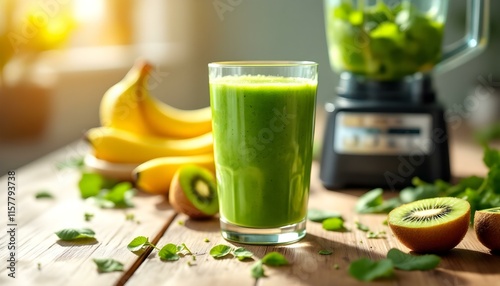 A fresh green juice freshly squeezed, with vibrant fruits and a juice extractor in the background, showcasing the natural and healthy essence of freshly made juices.
