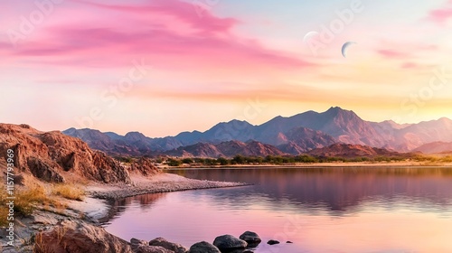 Stunning Wide Shot Photo: Serene Sunset Over Majestic Mountains and Calm Lake. AI Generated