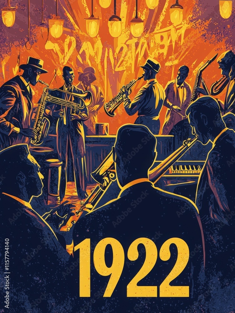 Obraz premium A dynamic group of jazz musicians engages the crowd in a lively venue. Set in the 1920s, the atmosphere is infused with energy as they showcase their talent using various instruments.