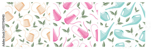 set of three seamless patterns with various watering cans of different shapes and sizes in pastel colors with green leaves on light backgrounds