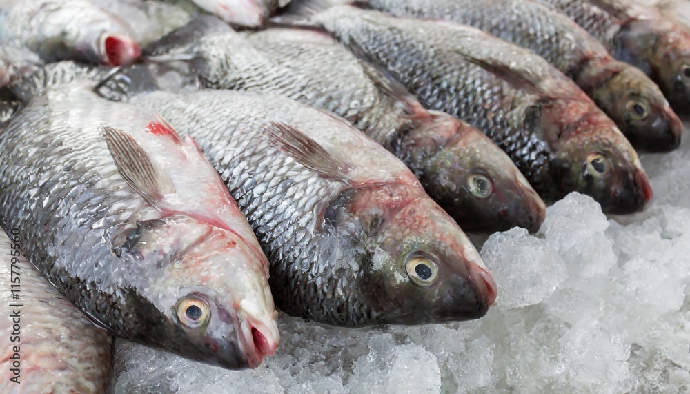 Freshly Harvested Tilapia Fish Stacked on Ice in a Traditional Fish Market