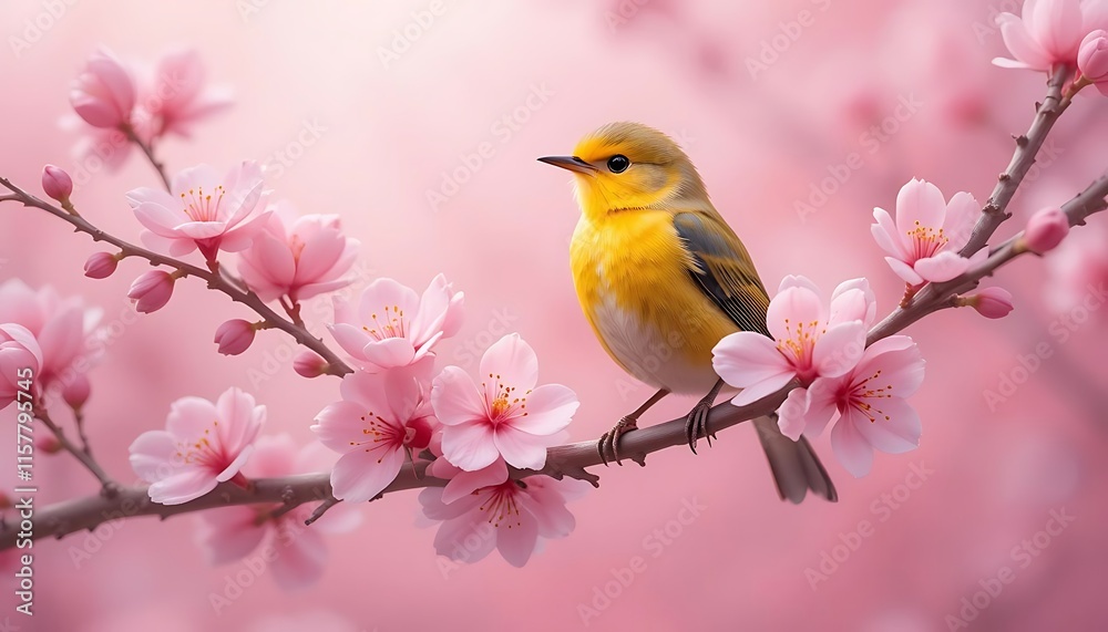 Graceful Vibrant Yellow-Breasted Bird on Blooming Cherry Blossoms Branch in Springtime Graceful Vibrant Yellow-Breasted Bird on Blooming Cherry Blossoms Branch in Springtime