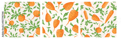 set of three seamless patterns with vegetables, namely carrots of different shapes and sizes on a light background