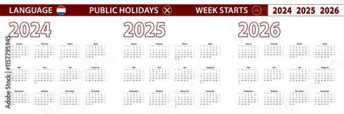 2024, 2025, 2026 year vector calendar in Dutch language, week starts on Sunday.