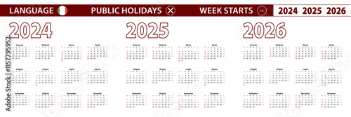 2024, 2025, 2026 year vector calendar in Italian language, week starts on Sunday.