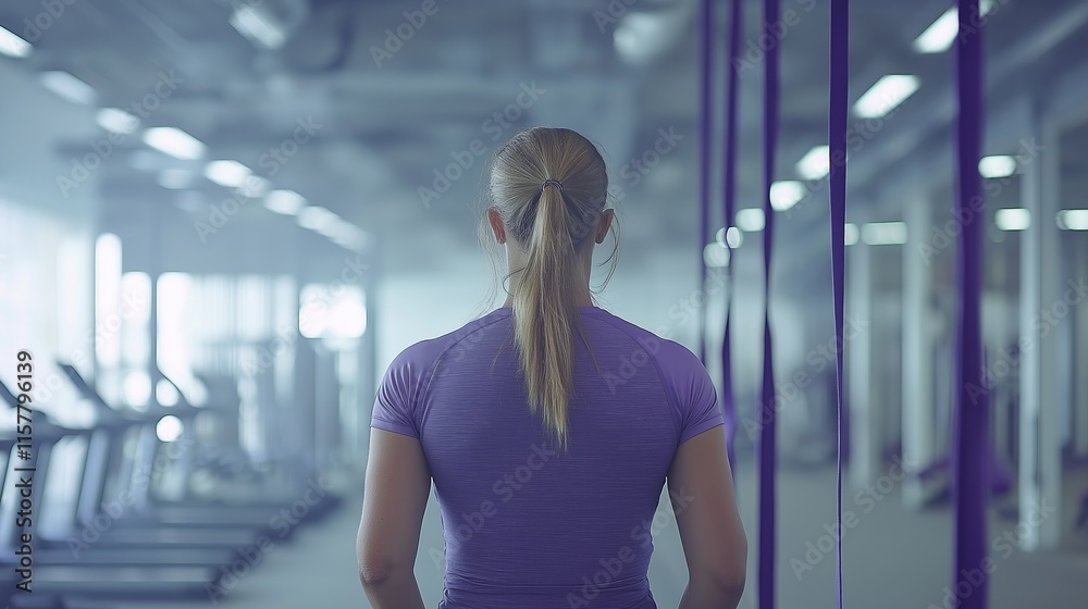 An overweight woman with a ponytail stands facing away, preparing to use resistance bands in a modern gym setting An overweight woman with a ponytail stands facing away, preparing to use resistance bands in a modern gym setting