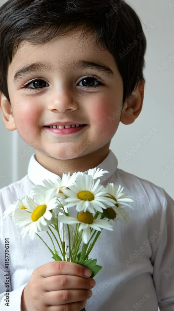 Happy child smiles while holding a bouquet of daisies, dressed in a white outfit with a joyful expression indoors Happy child smiles while holding a bouquet of daisies, dressed in a white outfit with a joyful expression indoors