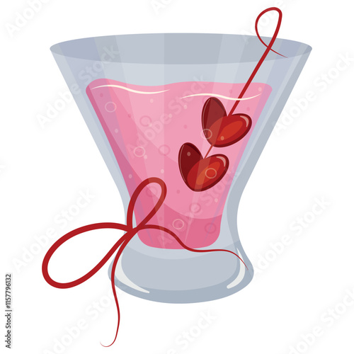 round cocktails glass icon with pink drink and berries in the shape of hearts and red bow, design for valentine's day	