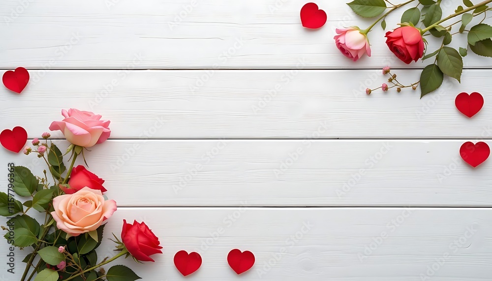 Elegant White Wooden Flatlay Background with Roses and Red Hearts Border Elegant White Wooden Flatlay Background with Roses and Red Hearts Border