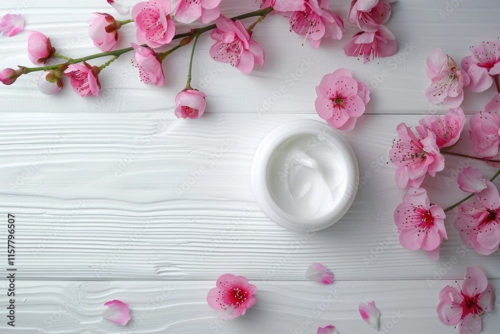 Cosmetic cream container and pink flowers on white wooden background from top view Cosmetic cream container and pink flowers on white wooden background from top view