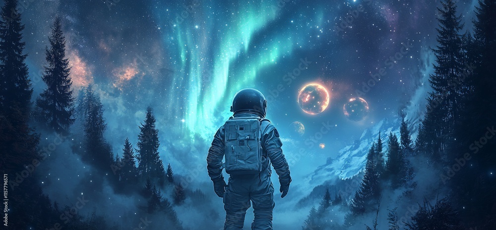 An astronaut gazes at a cosmic landscape with auroras and celestial bodies. An astronaut gazes at a cosmic landscape with auroras and celestial bodies.