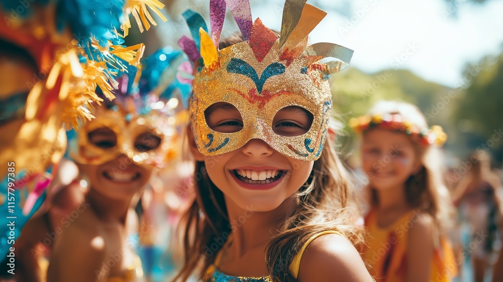A group of children wearing colorful carnival masks and face paint, laughing and playing with a piñata at a Mardi Gras festival, with festive decorations in the background A group of children wearing colorful carnival masks and face paint, laughing and playing with a piñata at a Mardi Gras festival, with festive decorations in the background