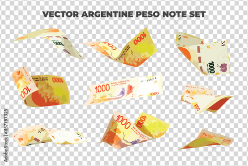 Vector illustration of set of Argentine peso notes flying in different angles and orientations. Currency note design in Scalable eps format
