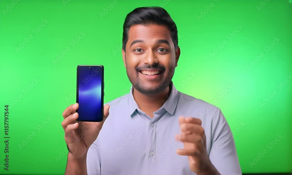 Smiling Man Shows Smartphone Against Green Screen Smiling Man Shows Smartphone Against Green Screen