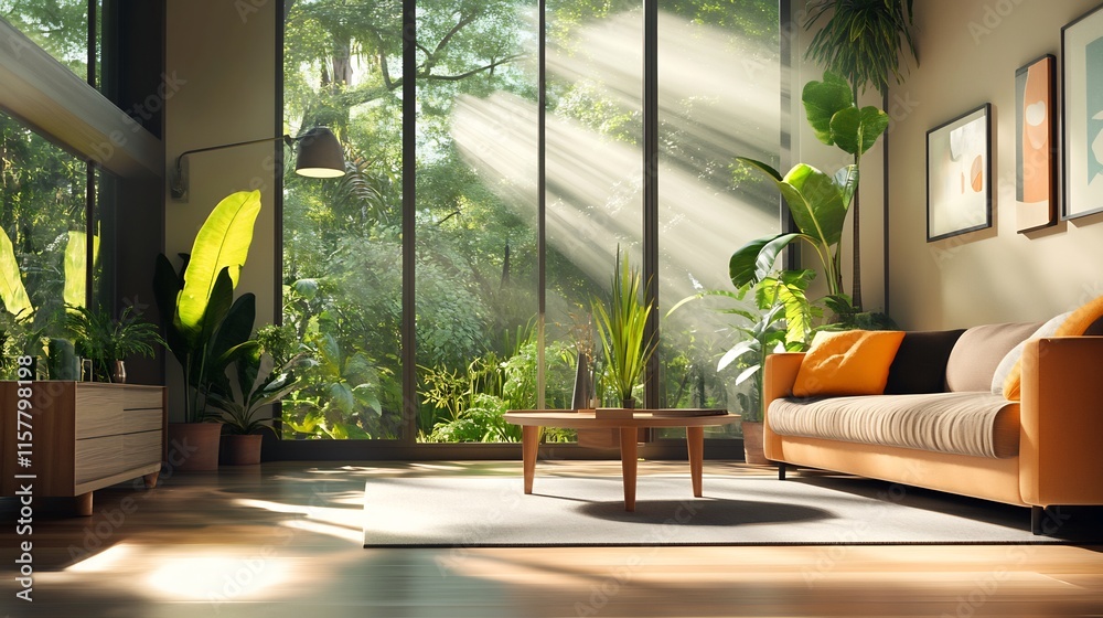Serene Modern Living Room: Sun Drenched 3D Render of Lush Interior Design. AI Generated Serene Modern Living Room: Sun Drenched 3D Render of Lush Interior Design. AI Generated