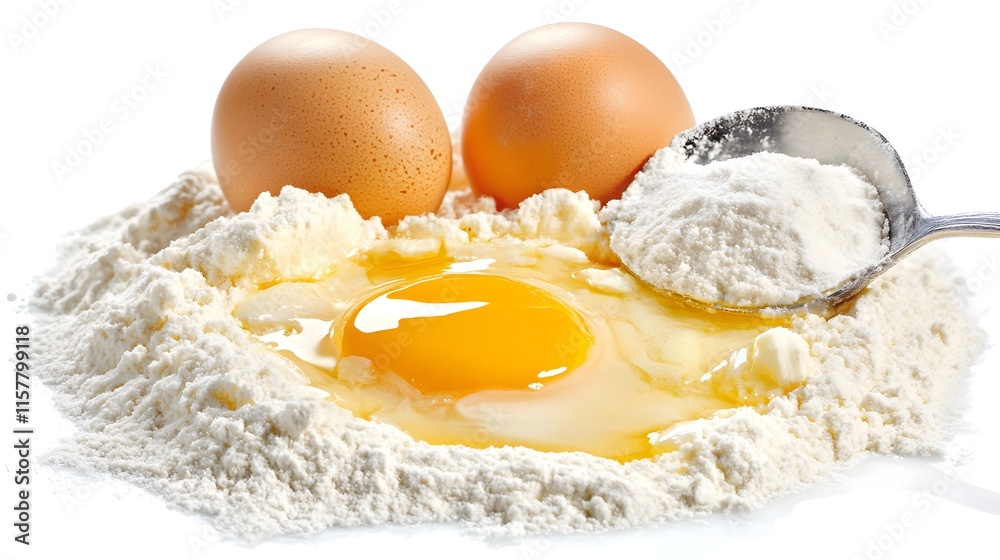 Close-up of two brown eggs and a cracked egg yolk nestled in a mound of white flour, with a spoonful of flour nearby. Perfect for baking recipes and food blogs. Close-up of two brown eggs and a cracked egg yolk nestled in a mound of white flour, with a spoonful of flour nearby. Perfect for baking recipes and food blogs.