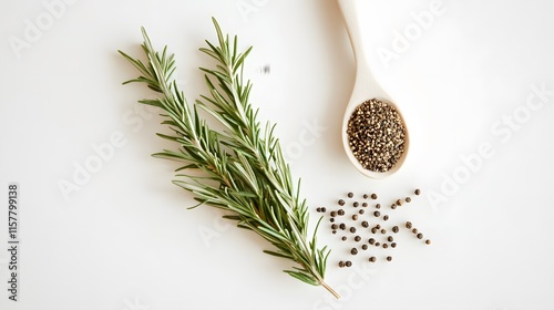 Overhead shot of fresh rosemary sprig, black peppercorns, and a wooden spoon filled with peppercorns on a white background.  Aromatic herbs and spices. photo