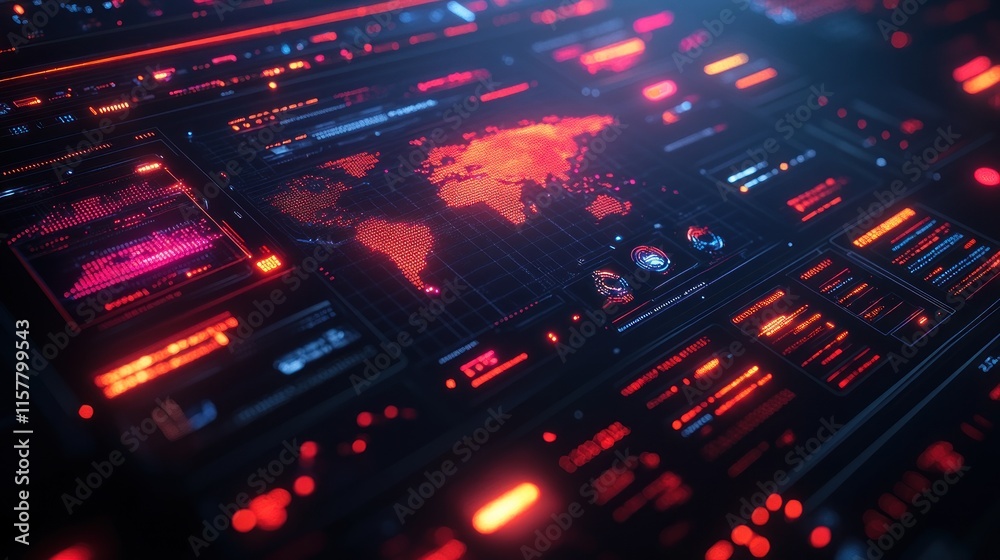 Obraz premium A futuristic digital interface displaying a world map with data visualizations and metrics.