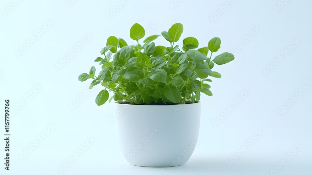 A vibrant oregano plant thrives in a simple white pot, set against a soft, light blue backdrop. The fresh green leaves are lush and healthy, suggesting new growth and vitality. A vibrant oregano plant thrives in a simple white pot, set against a soft, light blue backdrop. The fresh green leaves are lush and healthy, suggesting new growth and vitality.