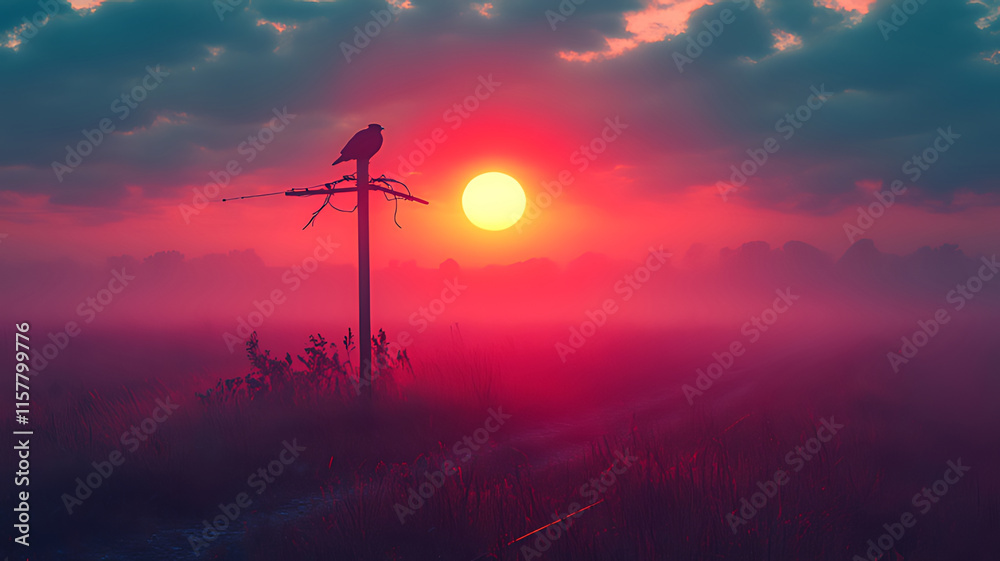 Obraz premium Silhouette of a bird perched on a weathered utility pole at sunrise, with a foggy field in the foreground.