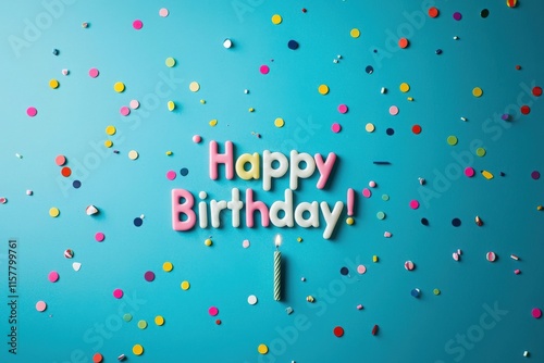 The vibrant blue backdrop is adorned with colorful confetti and playful decorations that spell out happy birthday. A single candle stands ready for the celebration, creating a festive atmosphere. photo